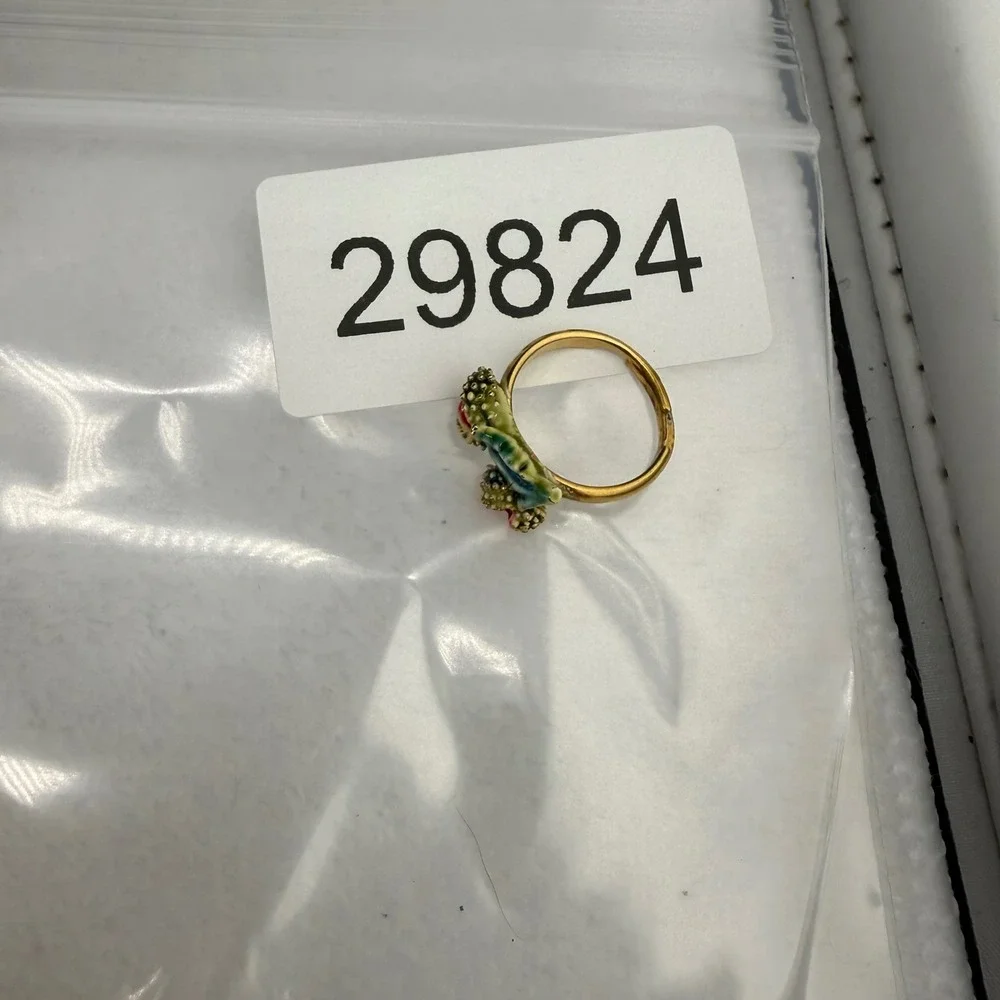 Vintage Enamel Floral Rosebud Ring Gold Tone Red Green Adjustable Size 4.5
